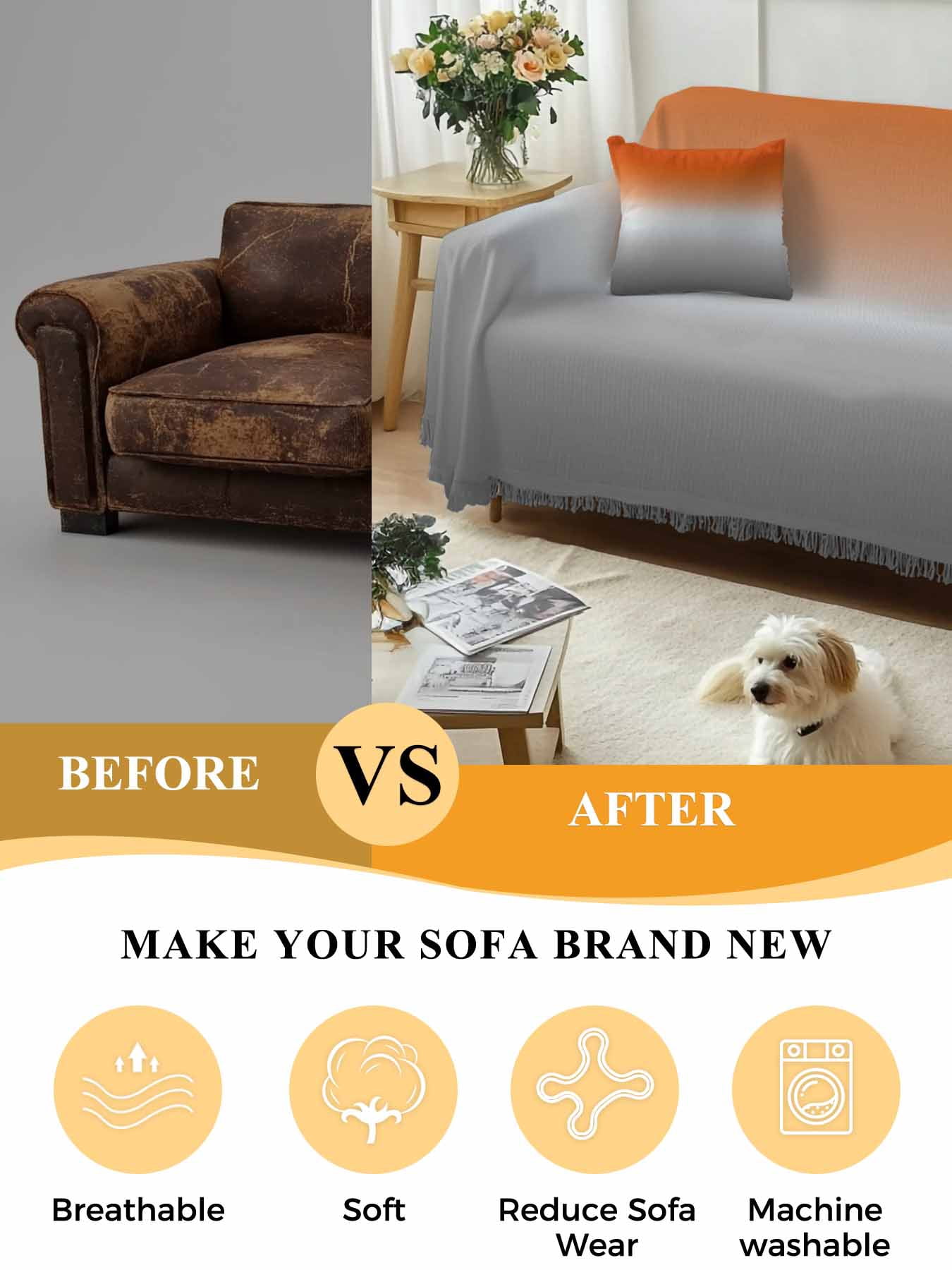 Burnt Orange Gray Ombre Couch Cover, Modern Gradient Abstract Art Oversized Sofa Cover Blanket for 3 Cushion Couch, Sectional Sofa Slipcover Furniture Protector for Living Room Bedroom 71''x150''