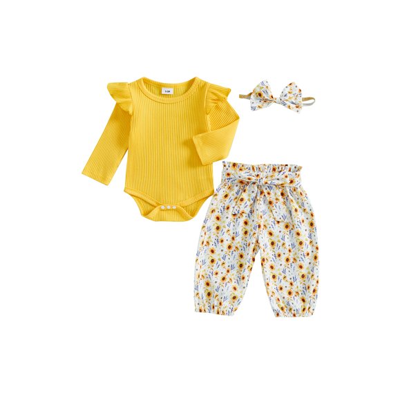 3-Piece Baby Toddler Girls Clothing Set 0 3 6 12 18 24 Months Long Sleeve Round Neck Ruffled Ribbed Romper Floral Trousers Hair Band Outfits
