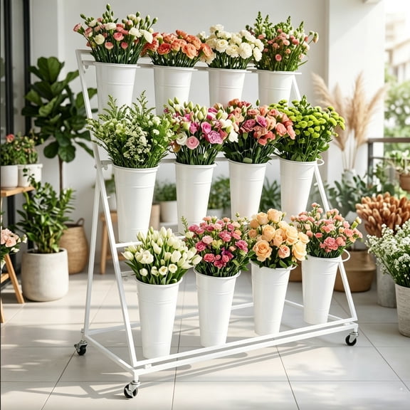 Flower Display Stand with 12 Buckets,Flower Cart with Wheels, Plant Bar, Moving Plant Stand for Party, Wedding, Events