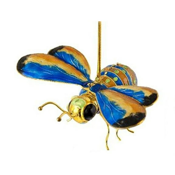 Blue Yellow and Orange Bumble Bee Articulated Cloisonne Metal Christmas Ornament