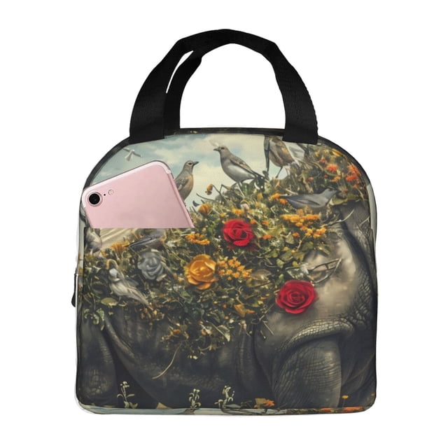 Disketp Floral Rhino With Birds for Insulated Lunch Bag for Women and Men, Perfect for Work, Hiking, Picnic