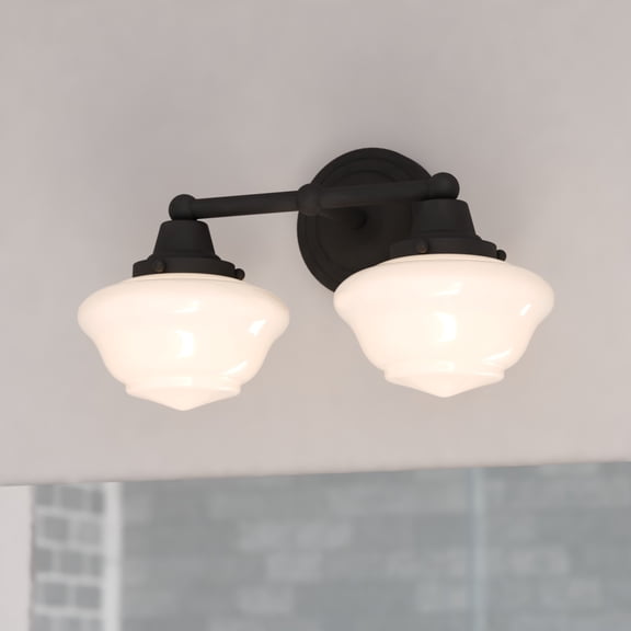 VAXCEL Eastgate 2-Light 15 in. Wide Matte Black Traditional Bathroom Vanity Lighting Fixture, White Frosted Opal Glass Shade, Dimmable, LED Compatible, Over the Mirror Mounted Steel Wall Sconce