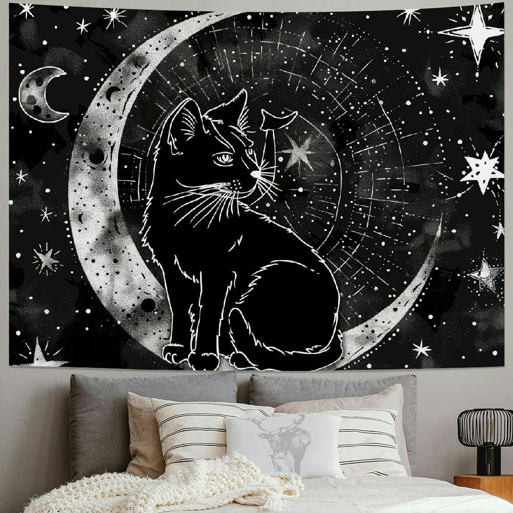 BCIIG Black Cat Tapestry for Men Gothic Witch Moon Cool Anime