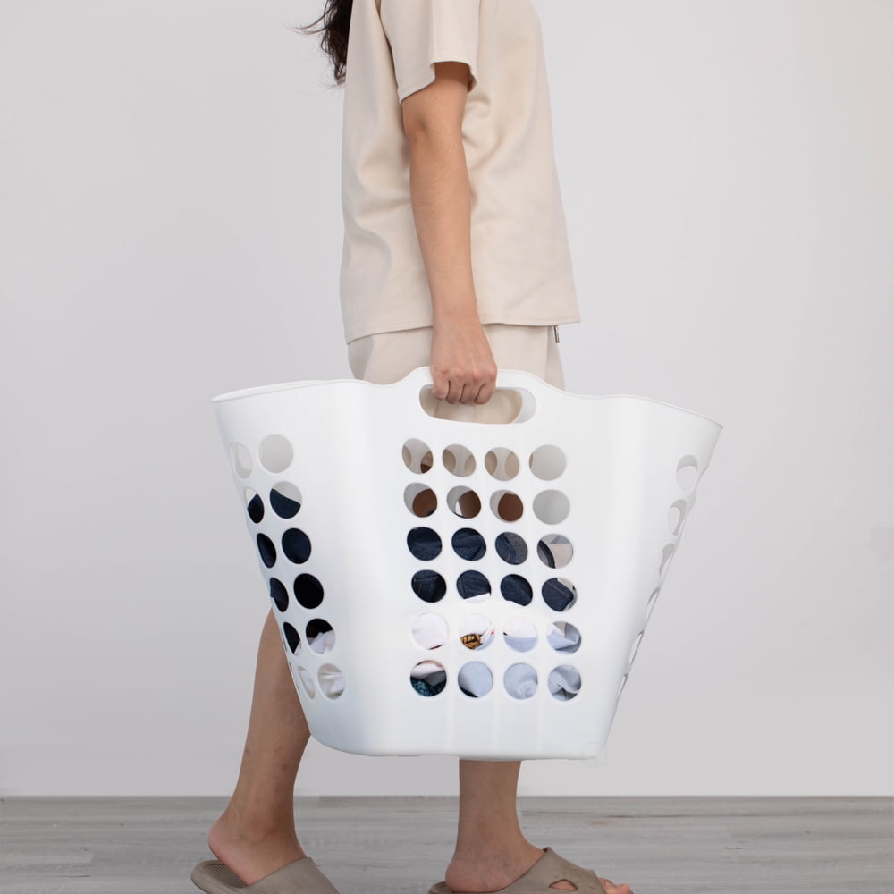 Flexible Plastic Laundry Basket - Square Storage Hamper with Side Handles for Easy Carrying - Versatile Organizer for Laundry, and Household Storage, White 50 Litter
