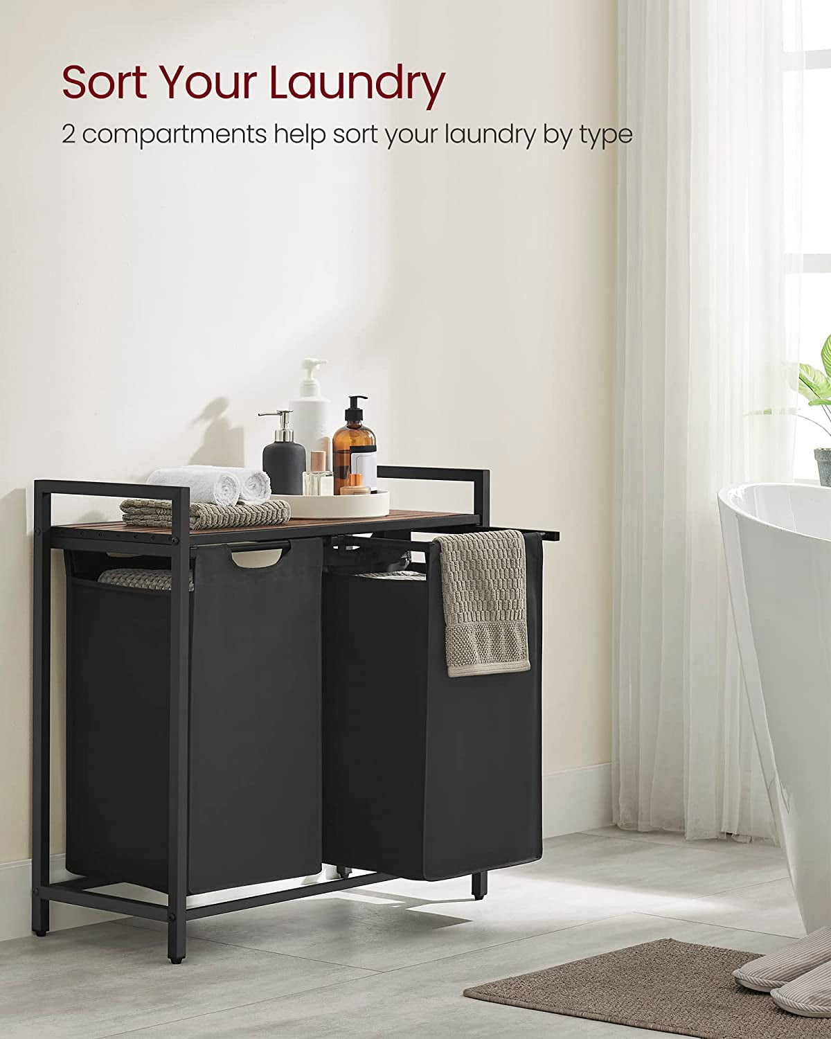 Towallmark Laundry Hamper with 2 Pull-Out Removable Bags, Shelf, Metal Frame,2 x 12.1 Gallons (46 Liters) for Laundry Rooms, Bathrooms and Dorms