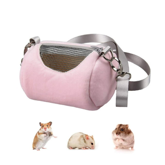 Bolsa de transporte para hámster enano, bolsa portátil cilíndrica cálida para exteriores con correa ajustable para un solo hombro (rosa)