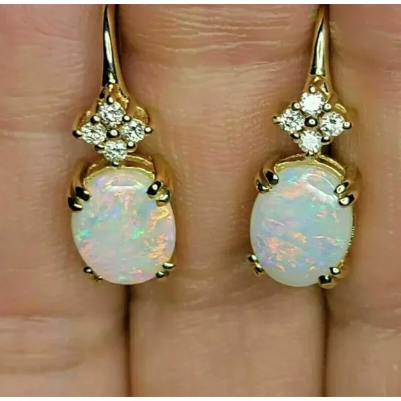 Drop & Dangle Earrings 14k Yellow Gold Plated & 4 Ct Oval Cut Fire Opal & Diamond