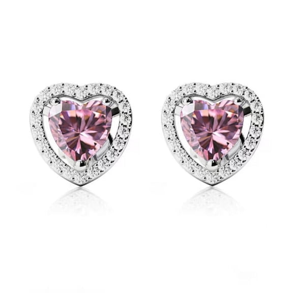 14k White Gold Halo Heart Pink Sapphire Stud Earrings Gift for Her Women's Plated by Paris Jewelry