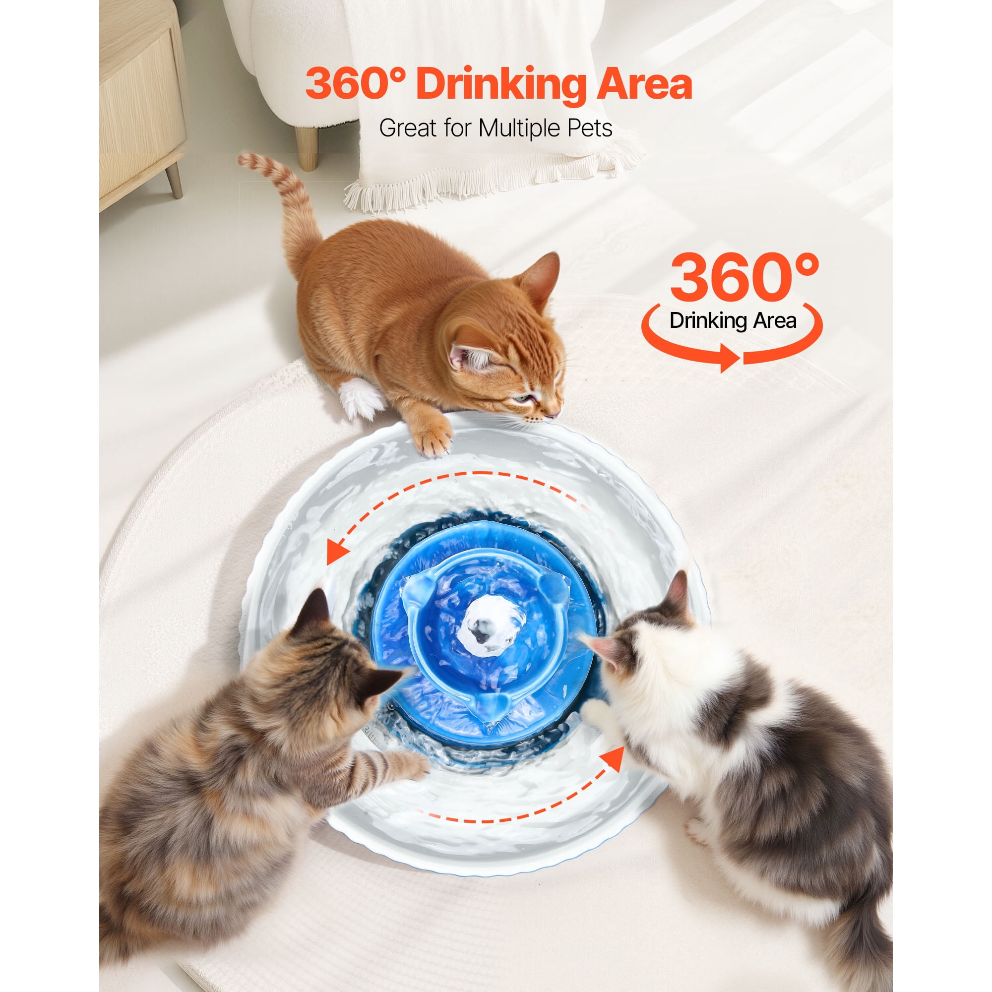 KFFKFF Ceramic Cat Water Fountain, 2.1L/71oz Porcelain Pet Fountain with Quiet Pump, 360° Access and Multi-Layer Filtration, Suitable for Cats and Dogs (Blue)