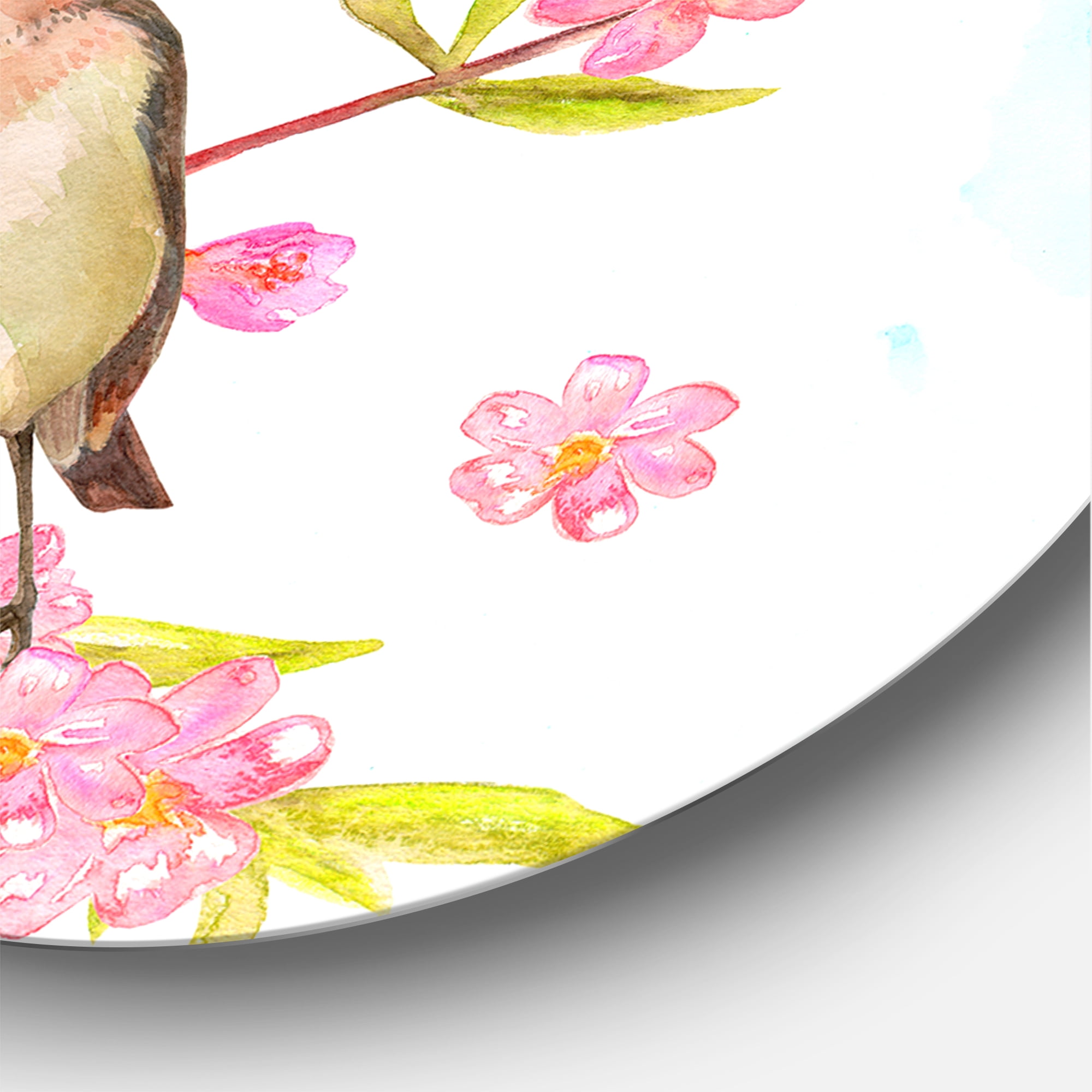 Designart 'Clever Bird Sitting On Branch of A Spring Tree With Butterflies' Traditional Circle Metal Wall Art 29x29 - Disc of 29