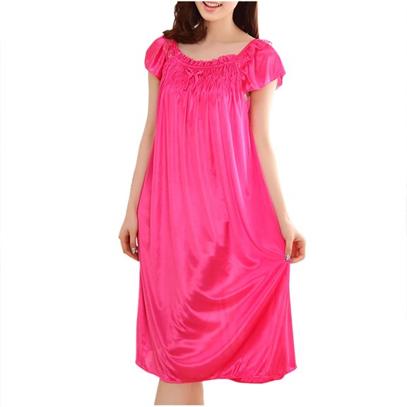 Tnhcen Women's Loose Fit Square Neck Solid Color Bow Ruffle Trim Short Sleeve Ice Silk Long Nightdress | Free Size | Loungewear