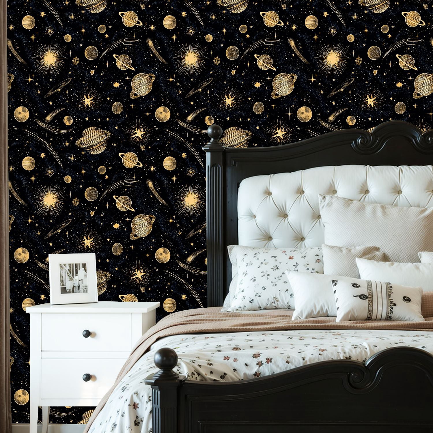 Peel and Stick Wallpaper Celestial Space Gold Stars Planets Cosmic Elements Black Wall Mural 23.6in x 9.8ft Self Adhesive Removable Wall Paper Renter Friendly Wallpaper for Nursery Bedroom Cabinets