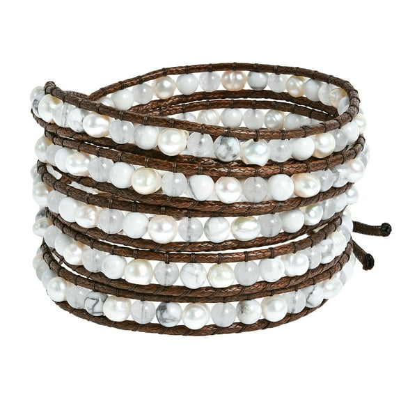 White Purity Cultured Freshwater Pearl and Reconstructed White Agate Snake Cord Leather Five Wrap Bracelet