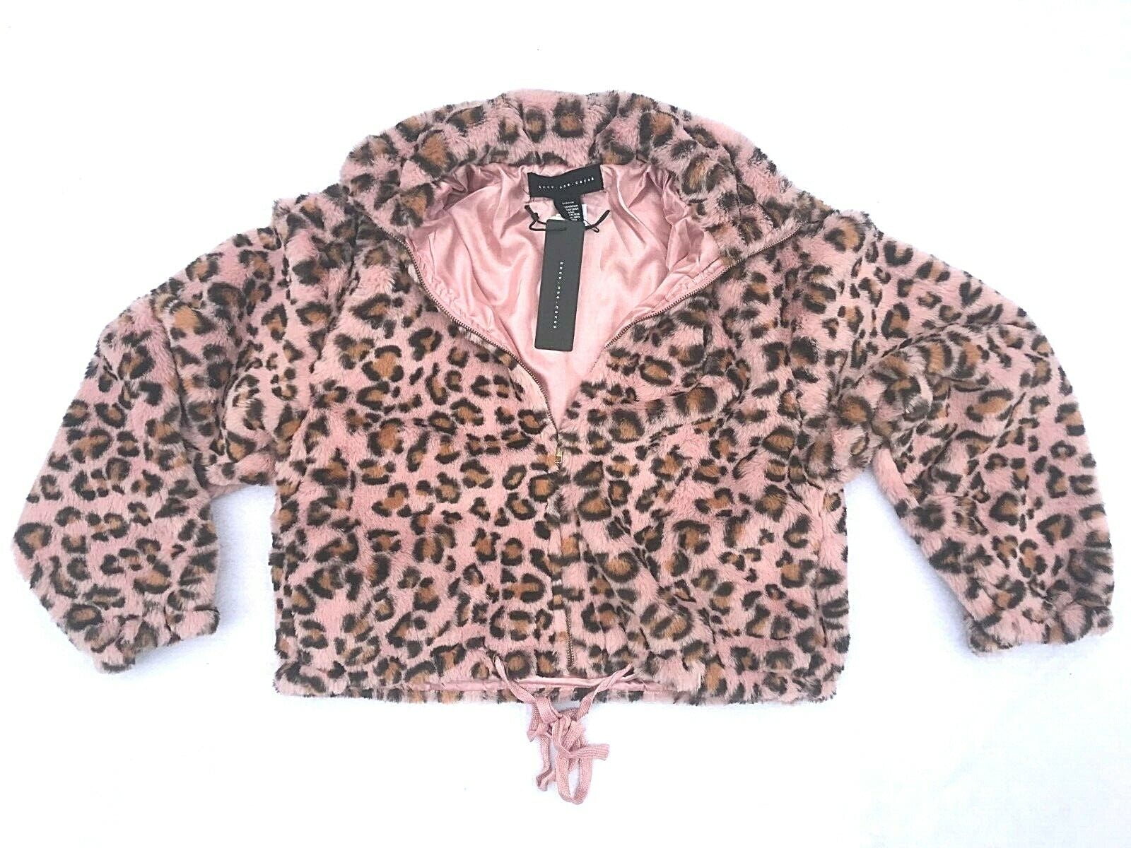 Victoria's Secret Pink Know One Cares Faux Fur Semi Crop Full Zip Jacket Pink  Leopard Medium New 