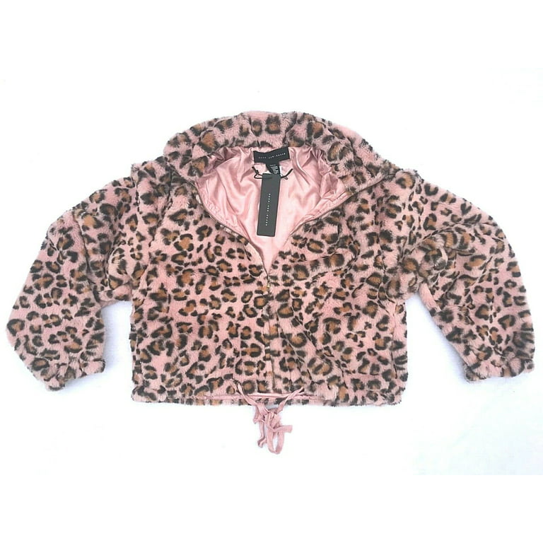 Victoria's Secret Pink Know One Cares Faux Fur Semi Crop Full Zip Jacket  Pink Leopard Medium New