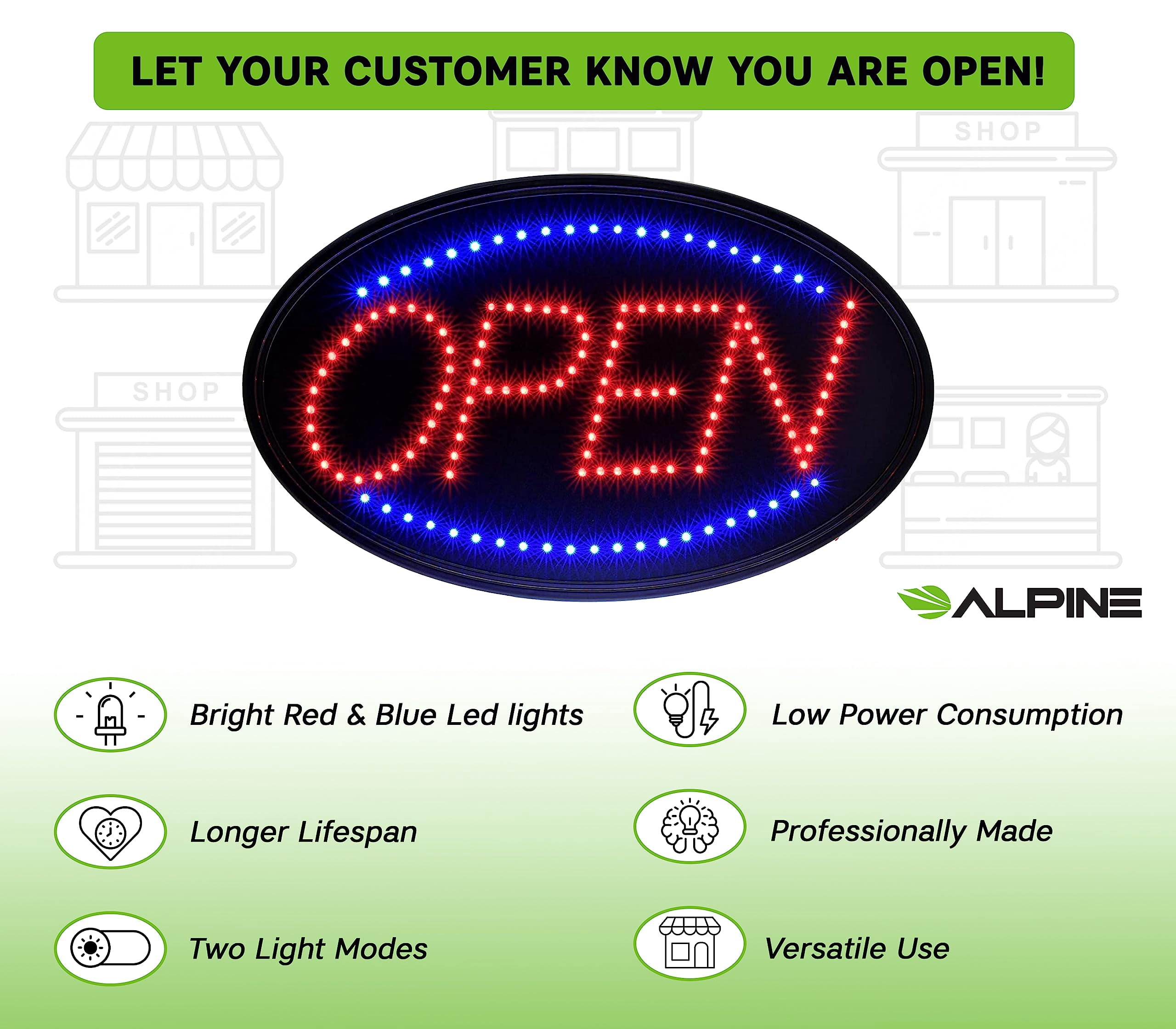 Alpine Led Open Signs for Business Window - Flashing High Visibility Lighted Open Led Sign, Electric Store Open Sign to Hang in Store, Restaurant, Bar, Barber Shop (Oval, 23" X 14")