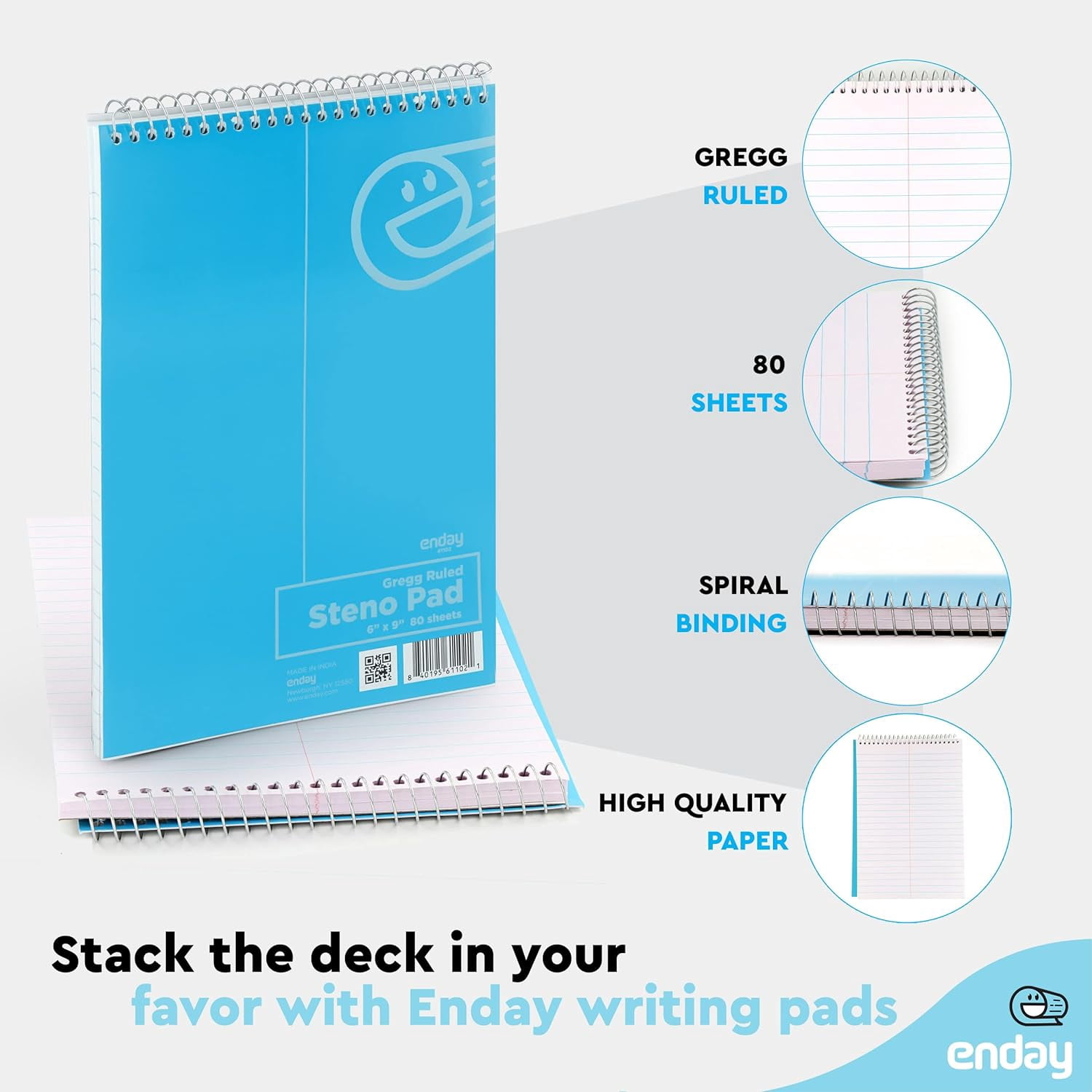 Enday 24 Pack Steno Pads Spiral 6 x 9 Gregg Ruled White Paper, 80 Sheets (160 Pages), Bulk Steno Notebooks for Writing Notes in Office, School, College, University, Colorful Covers