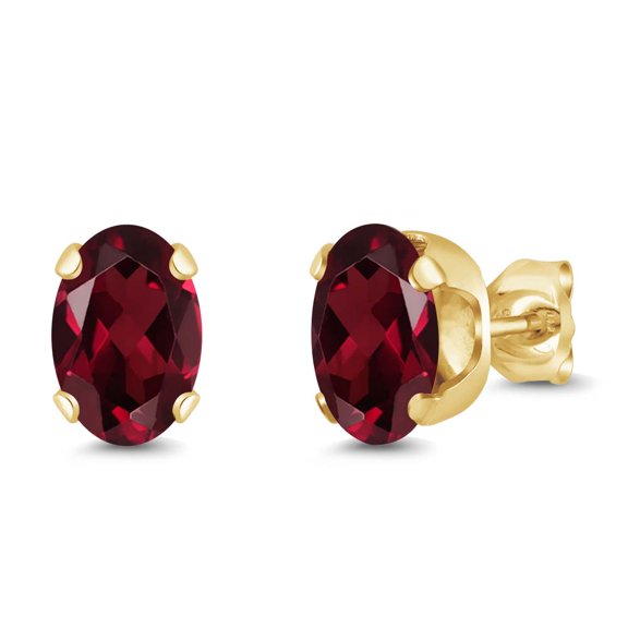Gem Stone King 1.80 Ct 7x5mm Red Rhodolite Garnet 18K Yellow Gold Plated Silver Stud Earrings for Women Men