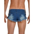 thumbnail image 2 of TiaoBug Men's Frayed Edge Sides Lace Up Mini Jean Shorts Low Waist Ripped Denim Hot Pants for Party Clubwear Blue L, 2 of 7