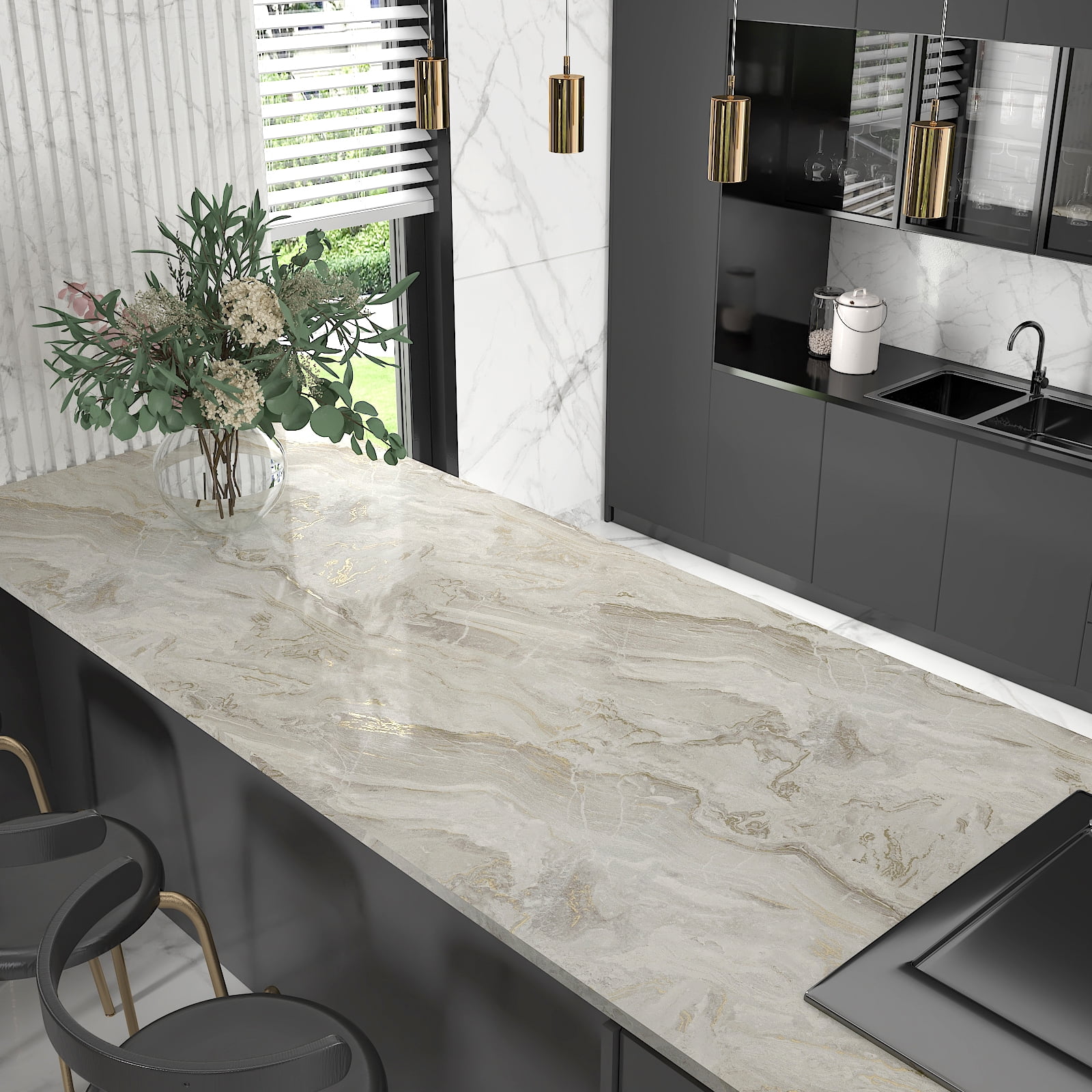 CHIHUT Marble Peel and Stick Contact Paper for Countertop Waterproof Thick Beige Gold Marble Wallpaper for Kitchen Self Adhesive Marble Wall Paper Glossy Vinyl Roll for Cabinets Furniture 17.7"x236"