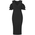 thumbnail image 4 of Vestido midi de noche de fiesta sexy elegante con cuello en V y hombros descubiertos con mangas con volantes lisos Vestido ajustado Adepaton WRMH-225-16, 4 of 6