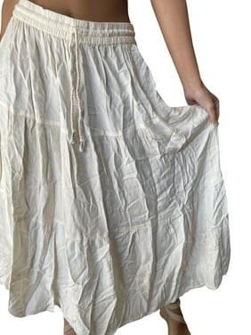 Mogul Women Boho Long Skirt, Ivory Gypsy chic Skirt, Flared Summer Bohemian Maxi Skirts M