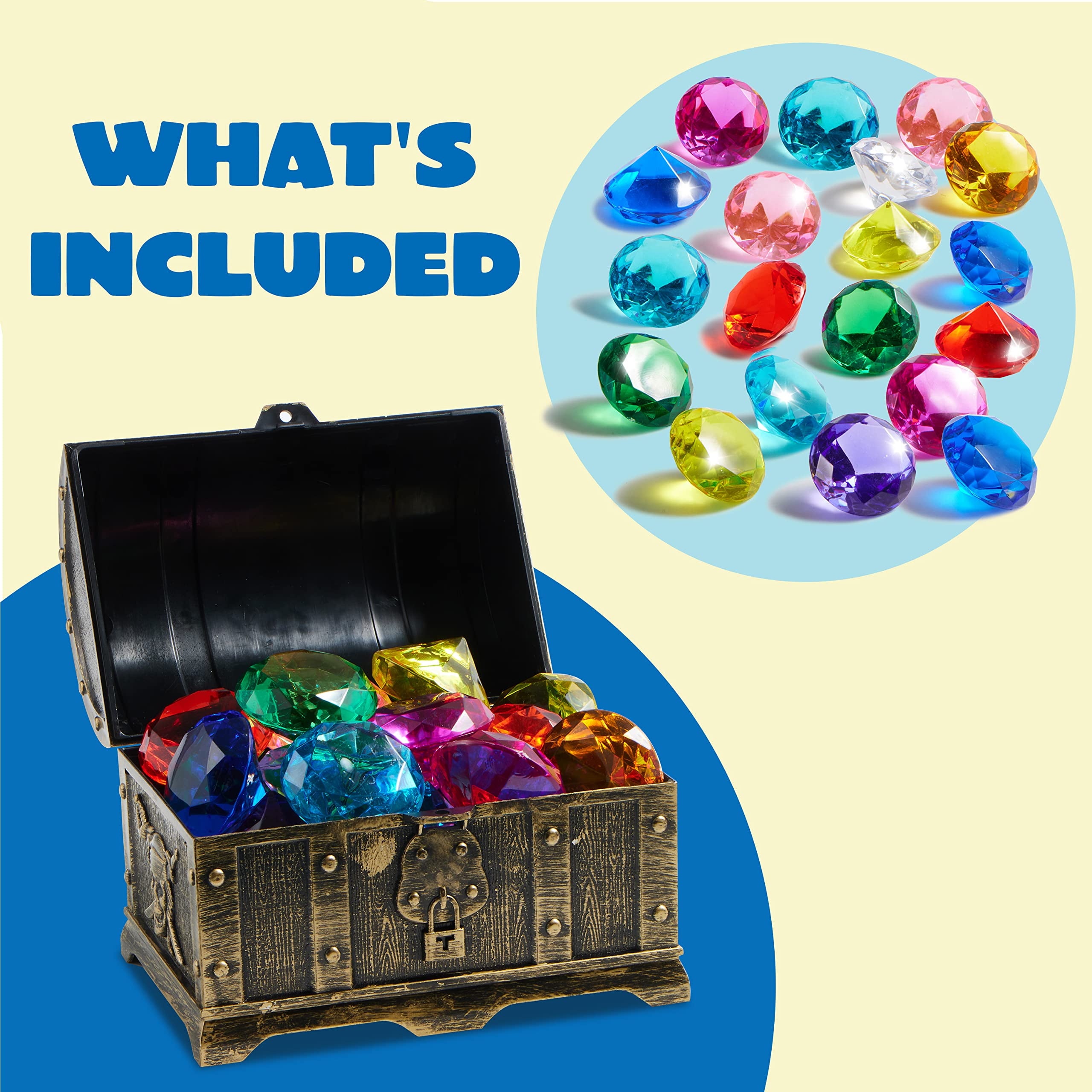 Sloosh Diving Gems Pool Toys,16 Big Colorful Diamonds with Pirate Treasure Chest,Swim Dive Diving Toy