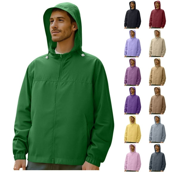 Mens Raincoats Plus Size Mens Jackets Men's Thin Style UPF50  Sun Protection Clothing Outdoor Zipper Pockets Fitted Hooded Fishing Clothing Coat, S-5XL