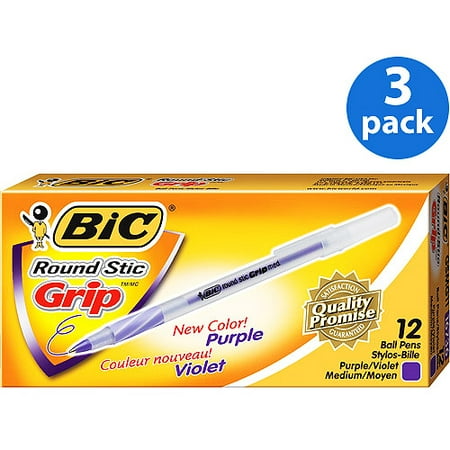 - (3 Pack) BIC Round Stic Grip Xtra Comfort Ballpoint Pen, Purple Ink, 1.2mm, Medium, Dozen