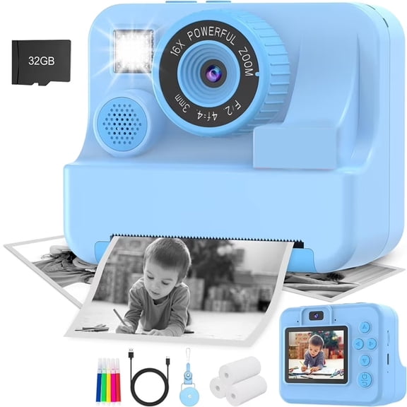 Kids Instant Print Camera with 2.4" HD Screen & Dual Cameras,32GB Memory, Rechargeable Battery,Suitable for Ages 3-12 (Blue)