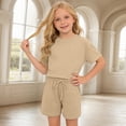 thumbnail image 2 of LIIPEE Girls Outfit Sets Casual Solid Color Loose Fit Short Sleeve Crew Neck Tee Tops Pockets Drawstring Shorts 2 Piece Set Kids Children Comfortable Breathable Cute Clothing,Khaki,11-12 Years, 2 of 6