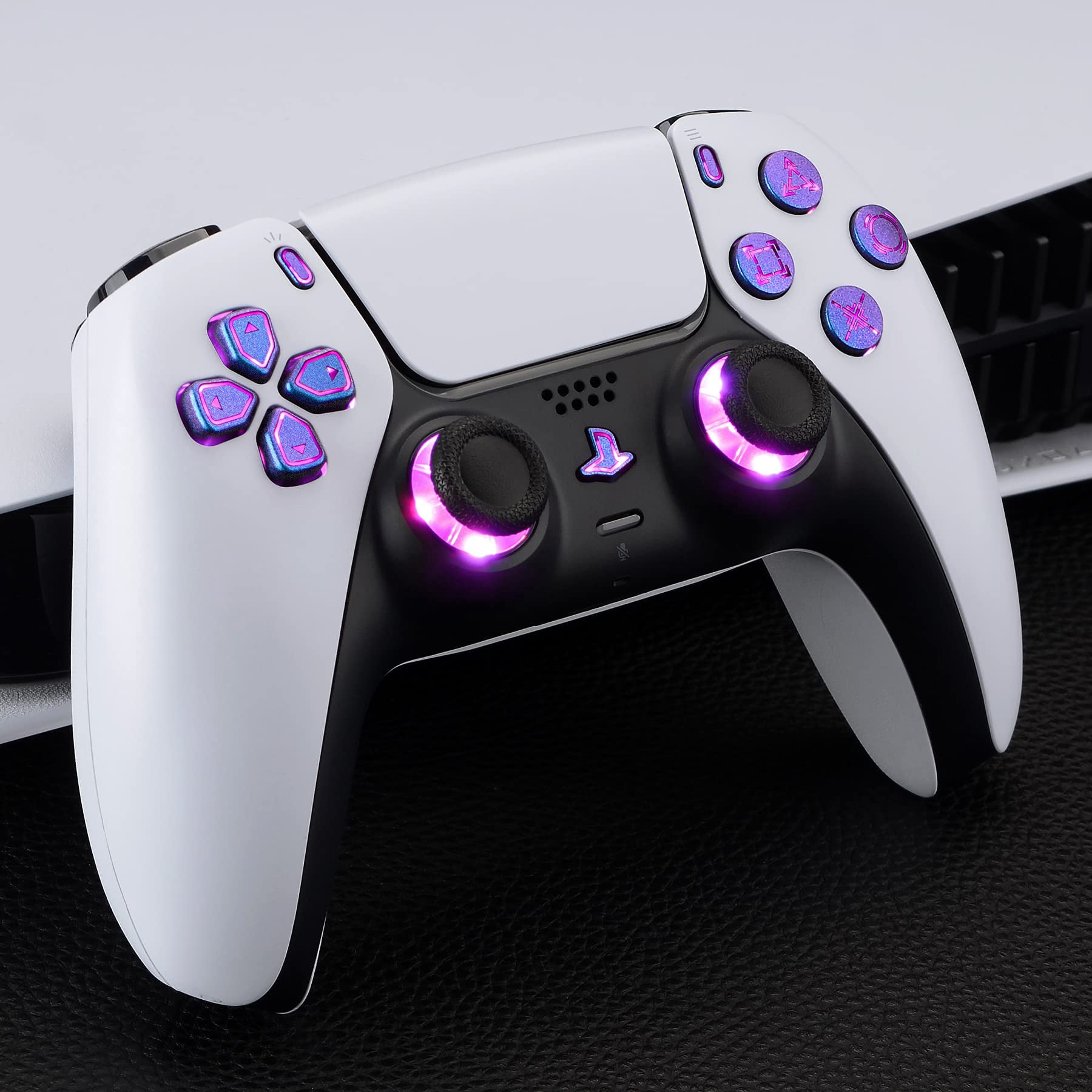 eXtremeRate Multi-Colors Luminated D-pad Thumbstick Option Face Buttons Chameleon Purple Blue Classical Symbols Buttons LED Kit for PS5 Controller