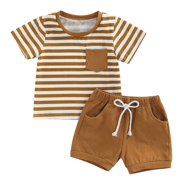 Conjunto De Trajes De Ropa De Verano Ropa de manga corta para bebé, trajes, camiseta a rayas encantadora y pantalones cortos (Beige 12-18M) Cgtredaw Para estrenar