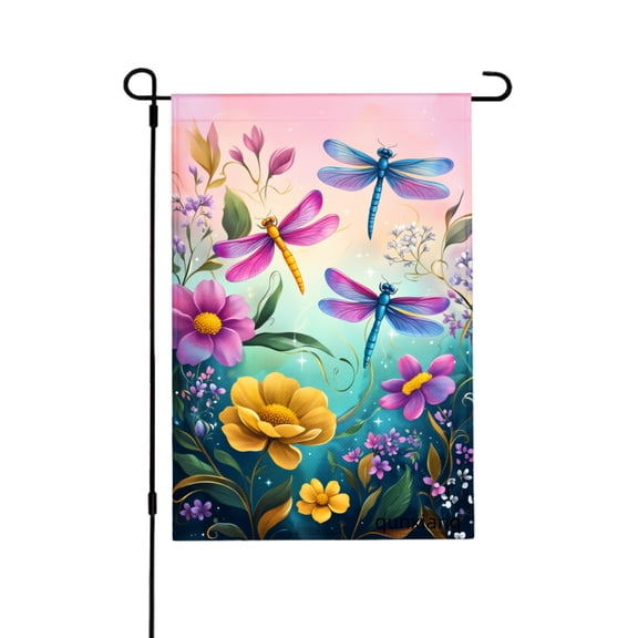Amhnf Colorful Dragonflies And Flowers Garden Flag For Home Outdoor Garden Yard Decor 12x18 inch