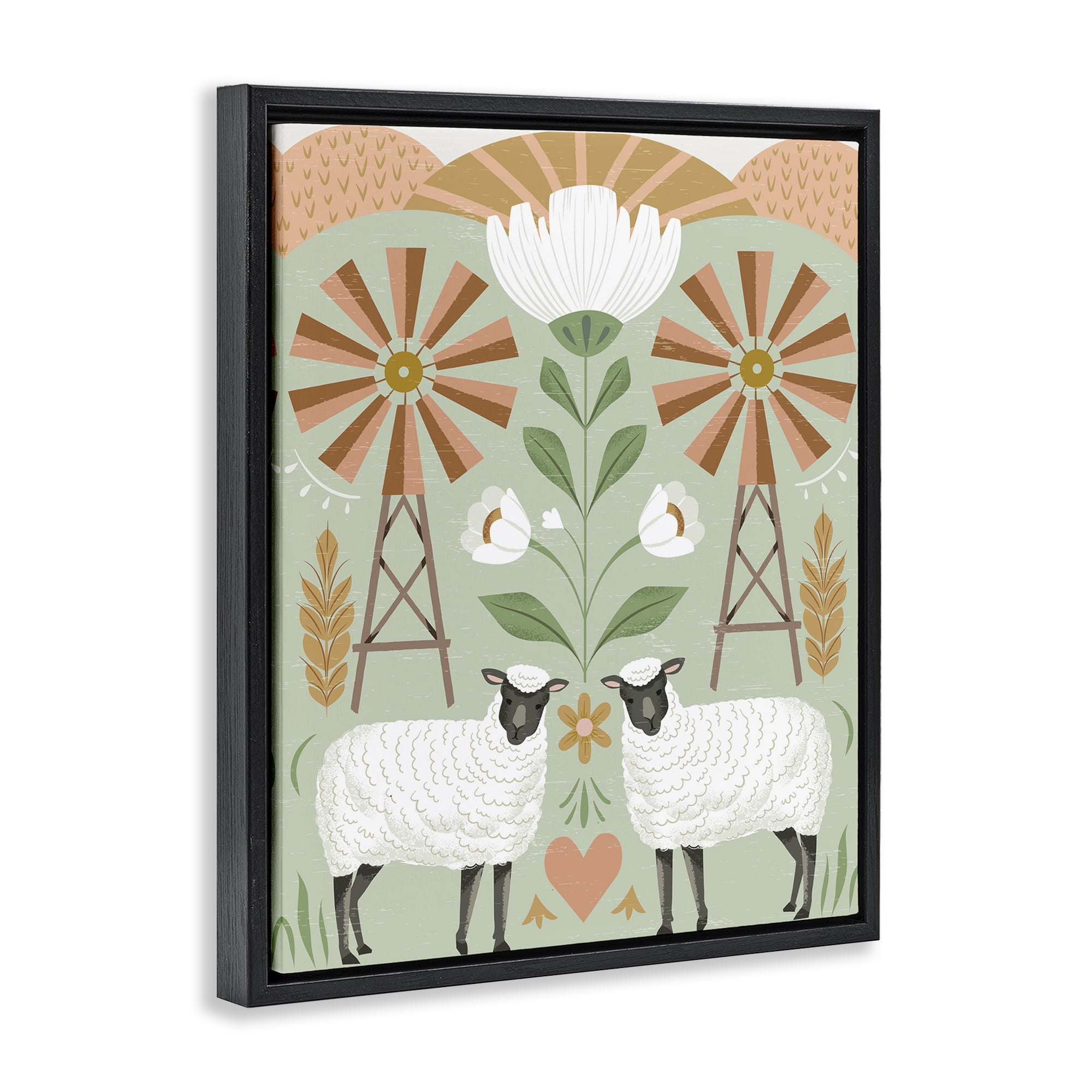 Stupell Industries Sheep & Windmill Pattern Animals Painting Black Floater Framed Canvas Art Print Wall Art, 17 x 21