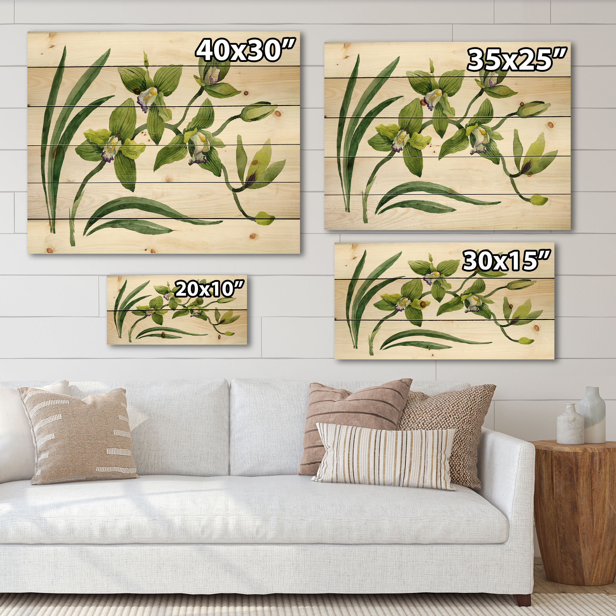 Designart 'Green Orchid Flowers On White' Traditional Print on Natural Pine Wood