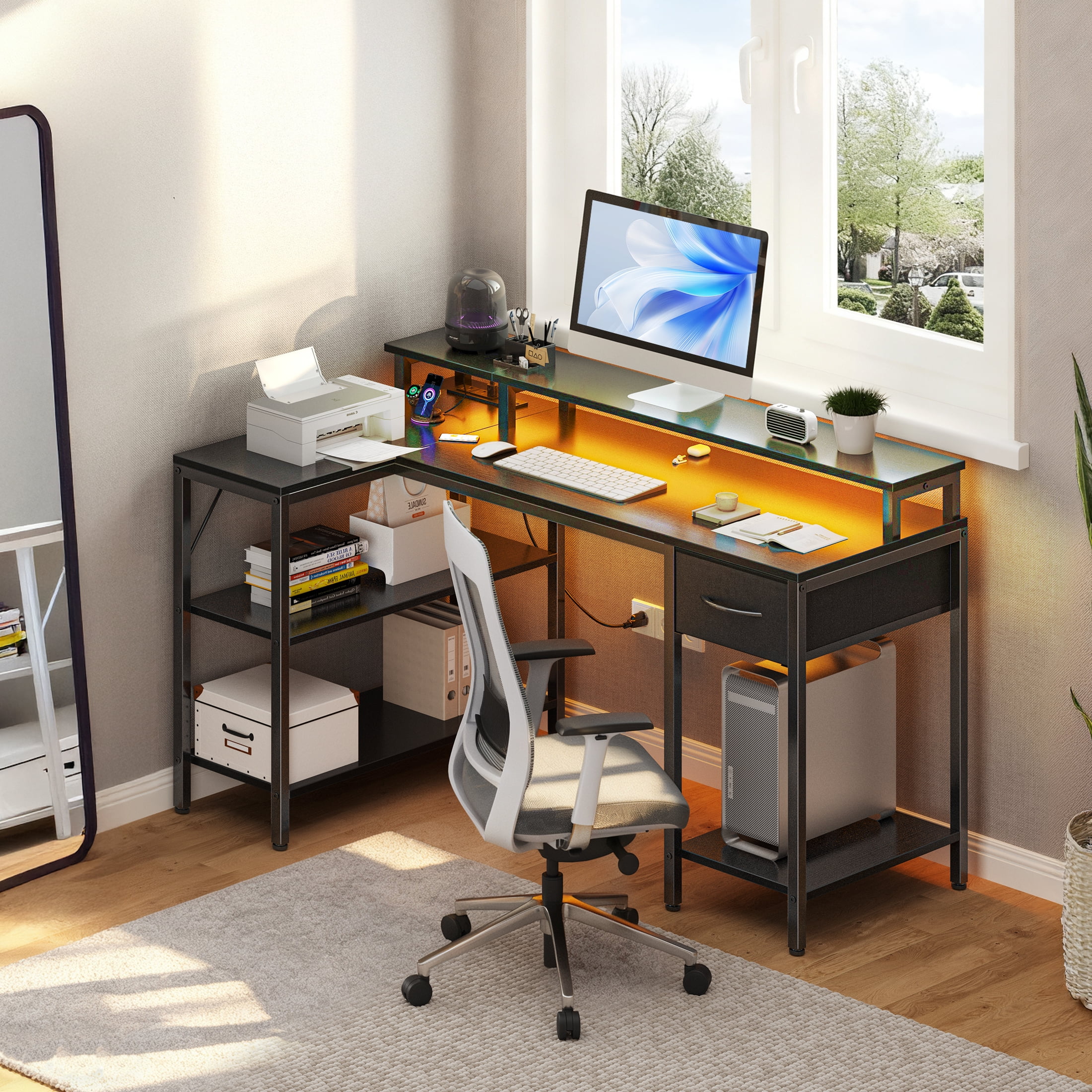 EDX 47 Inch L Shaped Gaming Desk with Power Outlet & LED Light, Reversible Computer Desk with Shelves & Monitor Stand, Corner Desk with Drawer for Home Office, Black