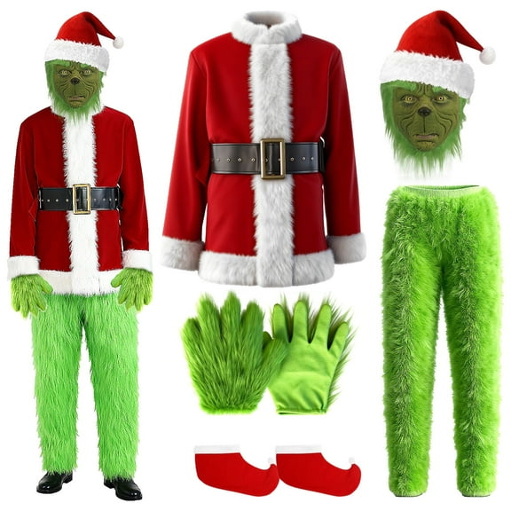 GOBWCOT 5Pcs Christmas Santa Claus Outfit for Aldult Green plush Santa Claus Suit Christmas Christmas party Gifts