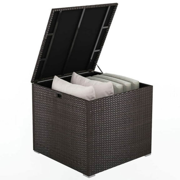 Spaco 72 Gallon Rattan Outdoor Storage Box with Zippered Liner and Solid Pneumatic Rod, Storage Box with Stable Metal Frame for Outdoor, Brown