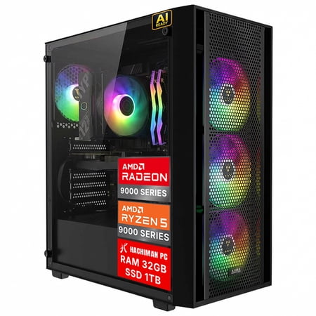 Hachiman PC Ronin Gaming PC, AMD Ryzen 5 9600X, Radeon RX 9060XT 8GB, 32GB DDR5 6000MHz RGB, 1TB Gen4 NVMe SSD, Wi-Fi 6, Windows 11 Home, Desktop Computer