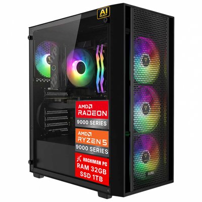 Hachiman PC Ronin Gaming PC, AMD Ryzen 5 9600X, Radeon RX 9060XT 8GB, 32GB DDR5 6000MHz RGB, 1TB Gen4 NVMe SSD, Wi-Fi 6, Windows 11 Home, Desktop Computer