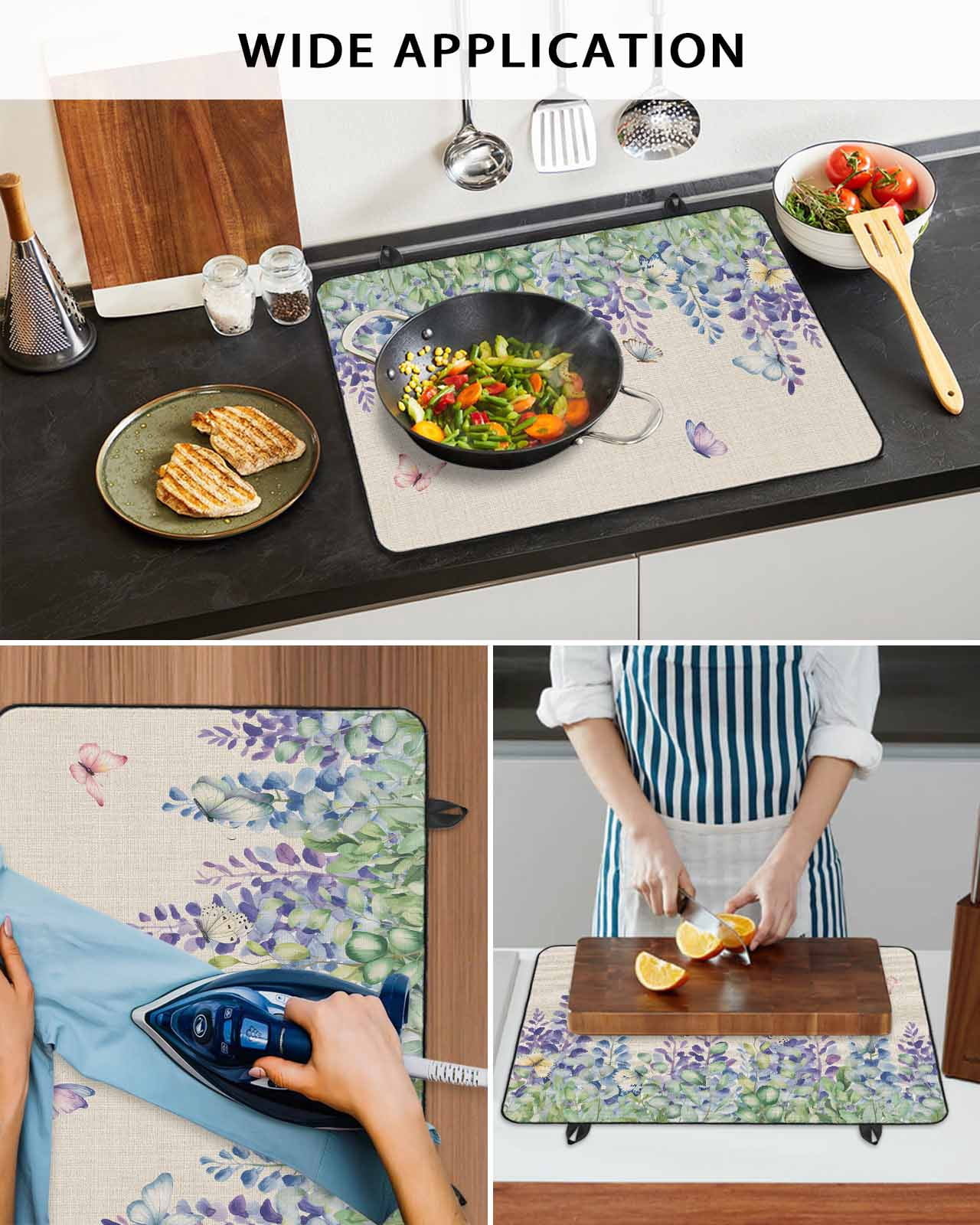 Large Induction Cooktop Protector Mat Wisteria Stove Top Covers for Electric Stove, Purple Flowers Leaves Butterflies Plants Spring Beige Decorative Stove Burner Cover Mats, Glass Top Stove Cover