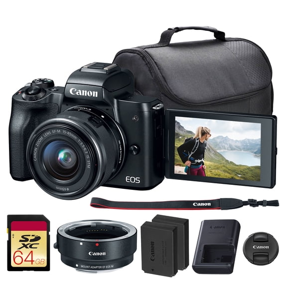 Canon EOS M50 Mirrorless Camera with 15-45mm Lens (Black) | 24.1MP APS-C Sensor, Dual Pixel CMOS AF, 4K Video & Vari-Angle Touchscreen | For Vlogging & Content (2680C011) EF-M Lens Adapter More