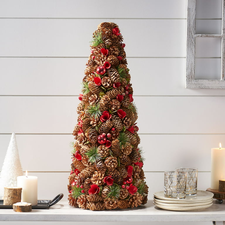 GDFStudio Tramel Pre-Decorated Pine Cone and Glitter Unlit Artificial Tabletop Christmas Tree