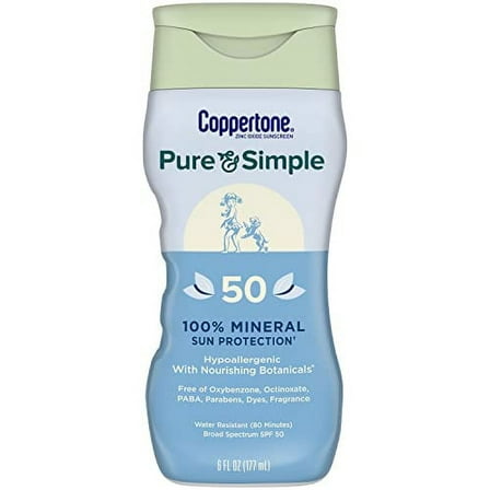 Coppertone Pure and Simple Zinc Oxide Mineral Sunscreen Lotion SPF 50, Body Sunscreen, Water Resistant, Broad Spectrum SPF 50 Sunscreen for Sensitive Skin, 6 Fl Oz Bottle