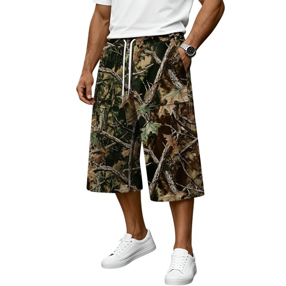 JoveMarine Men's Camo Drawstring Cargo Shorts - Plaid Work Shorts with Pockets, Knee-Length Loose Fit for Outdoor Daily,Army Green L