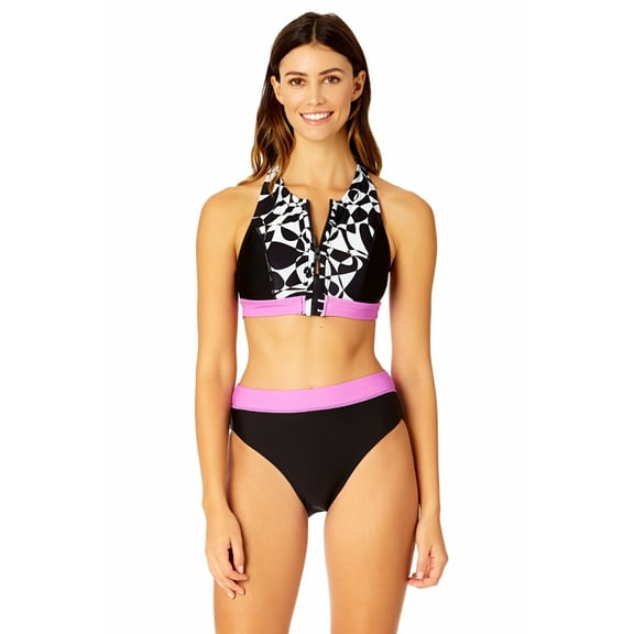 Women's Optical Illusion Zip Longline Bra Swim Top