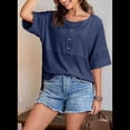 thumbnail image 4 of Blusas de Punto Gofre para Mujer, Moda 2025, Blusas de Patchwork Extragrandes con Cuello Redondo y Mangas 3/4, Azul M, 4 of 6