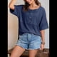 thumbnail image 4 of Blusas de Punto Gofre para Mujer, Moda 2025, Blusas de Patchwork Extragrandes con Cuello Redondo y Mangas 3/4, Azul L, 4 of 6
