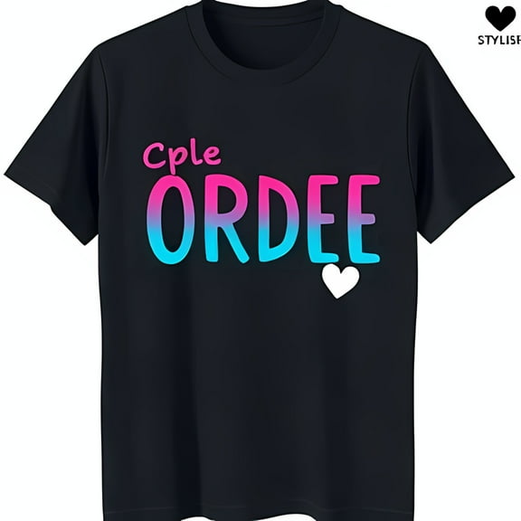 Stylish Black Neck T-Shirt with Pink & Blue 'Cple ORDEE' Graphic